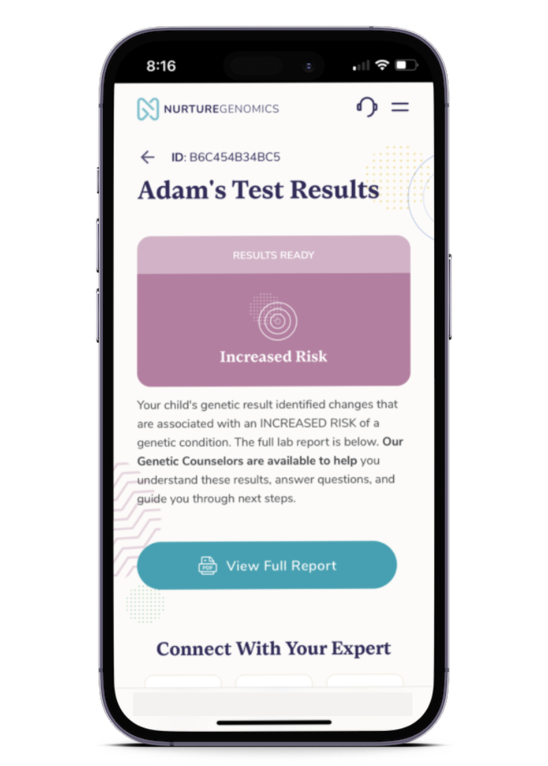 A smartphone displays a sample positive test result and a prompt to connect with a genetic counselor.